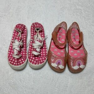 Pink gingham sneaker and Glitter rainbow jelly shoes size 10